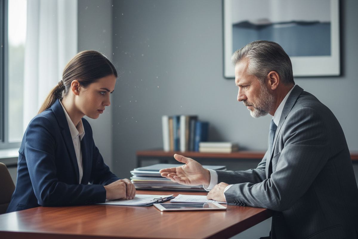 Employee talking to boss in office