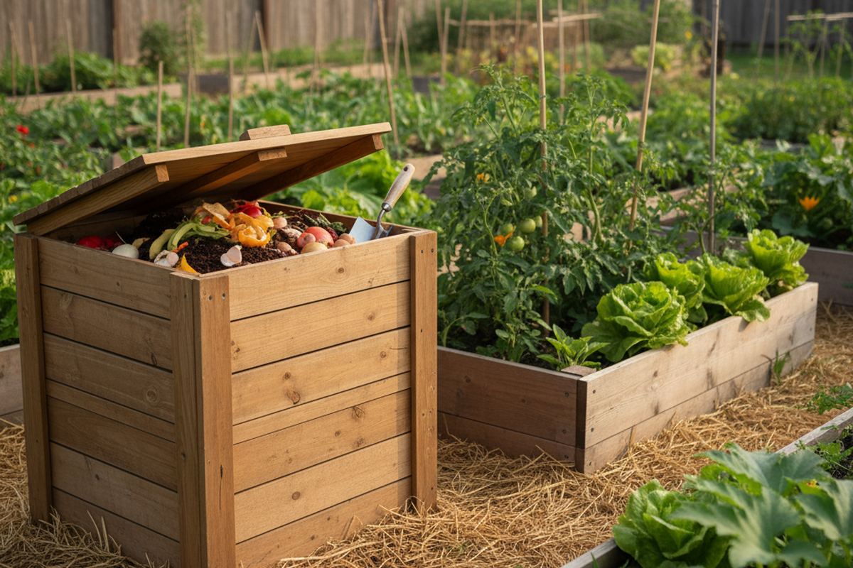 Compost bin next to garden