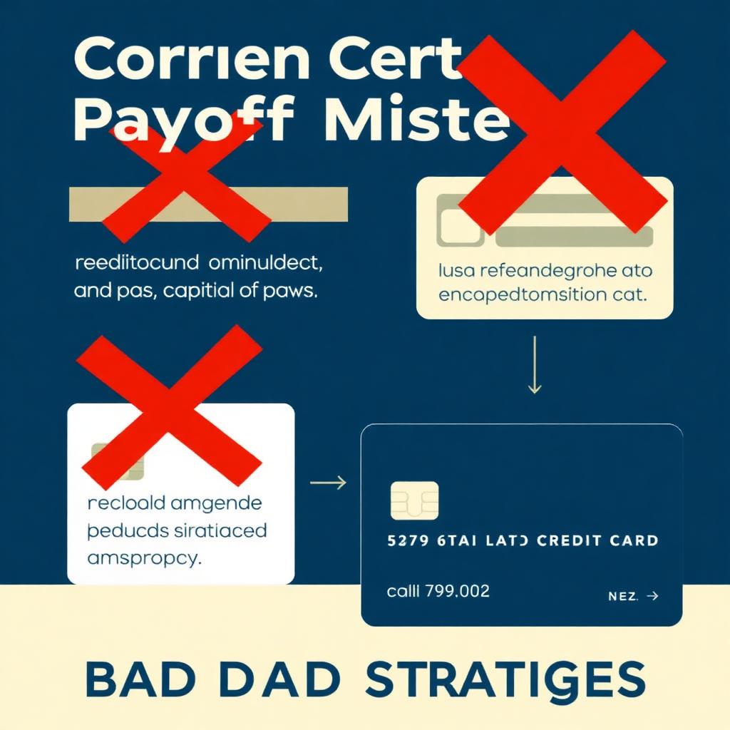 Credit card payoff mistakes with red X marks on bad strategies