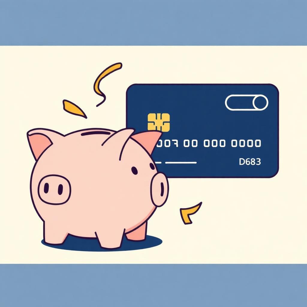 Piggy bank with credit card and parallel arrows