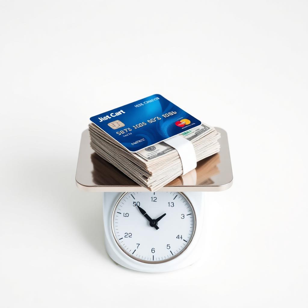 Credit card and stack of cash balanced on a kitchen scale