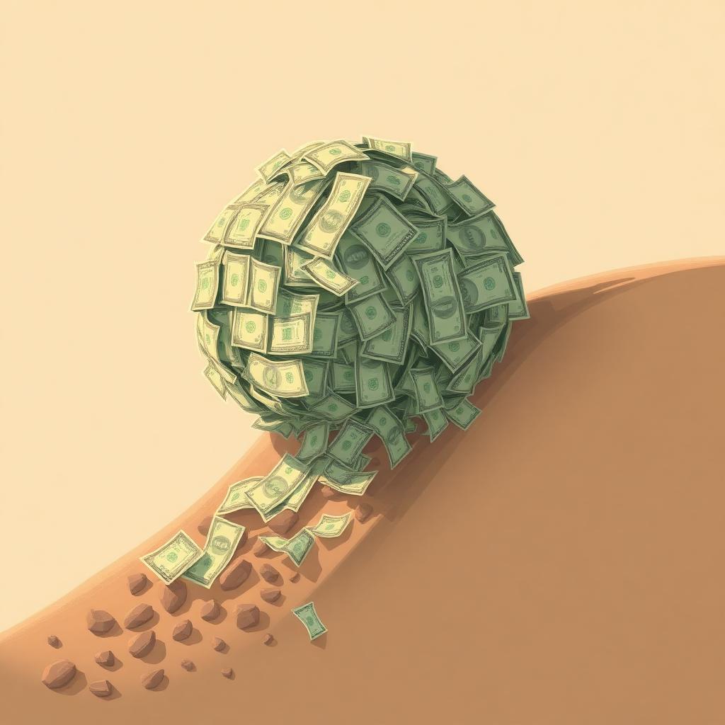 Tiny dollar bills swirling toward a growing snowball