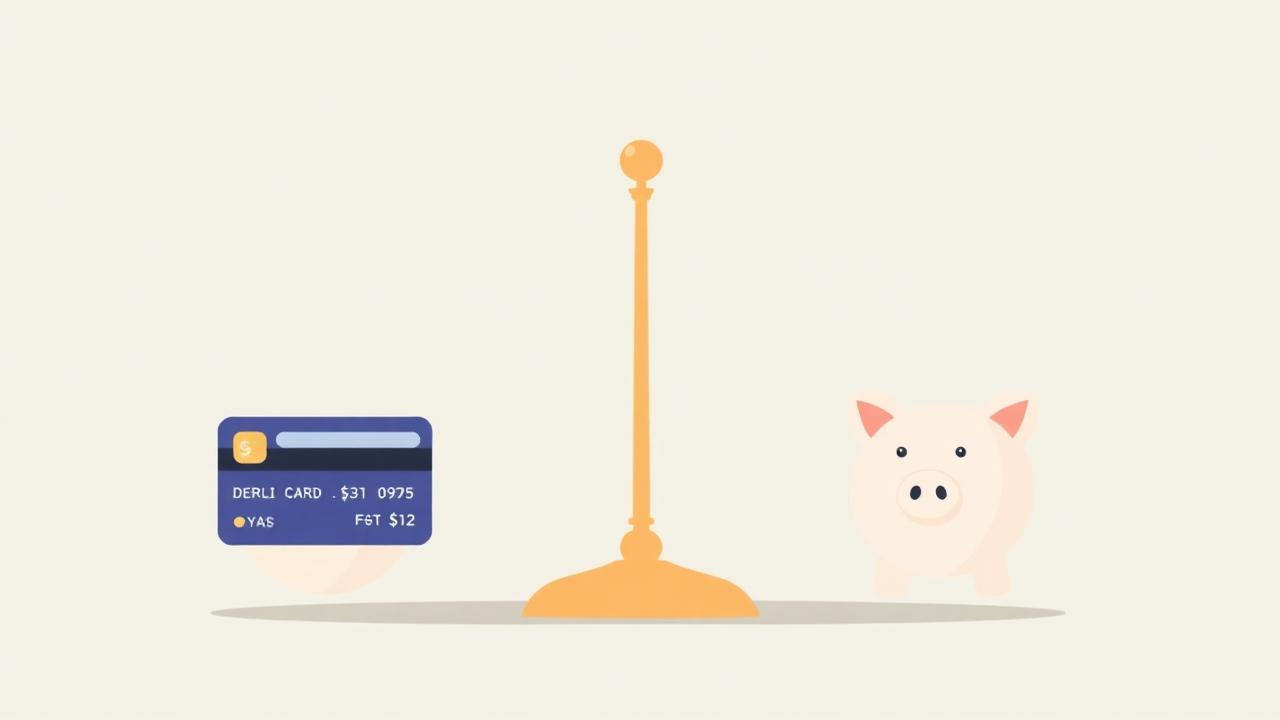 Balanced scale with a credit card and a piggy bank