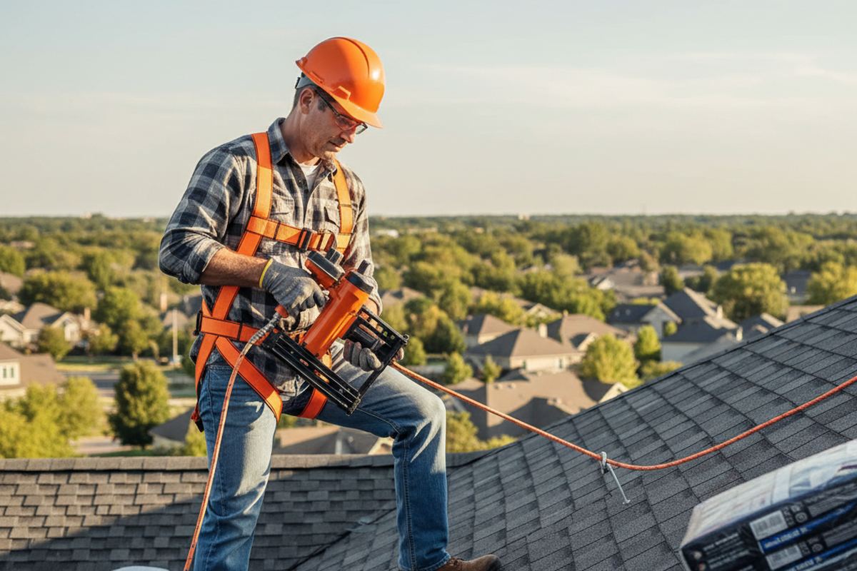 DIY homeowner on a roof with tools