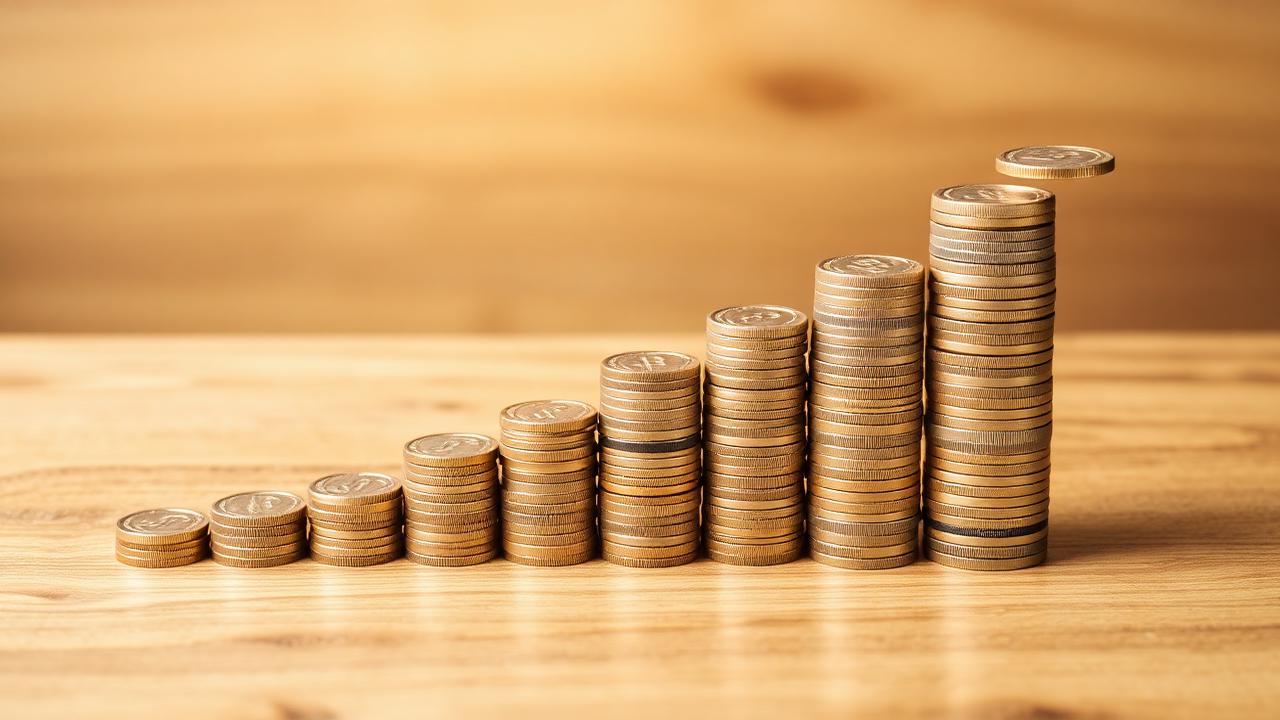 Stacks of coins lined up on a wooden table forming an upward staircase