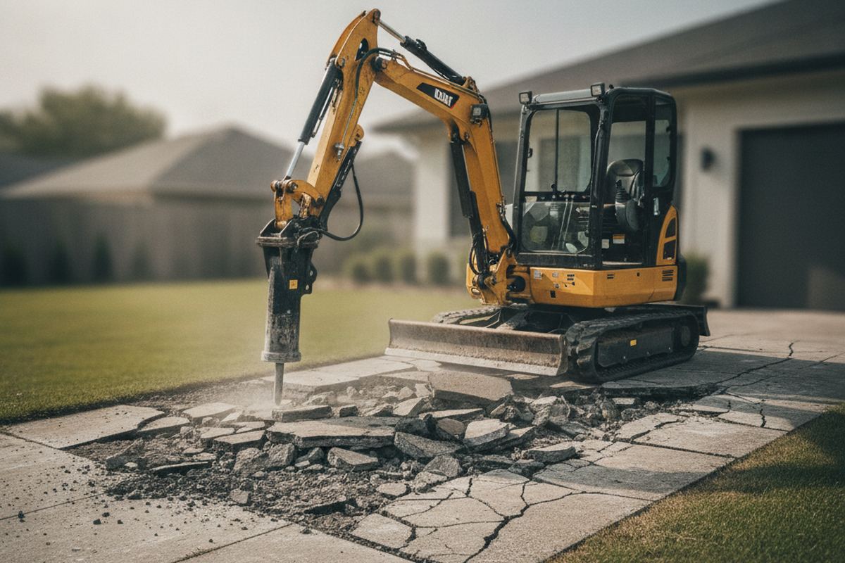 Excavator removing old driveway