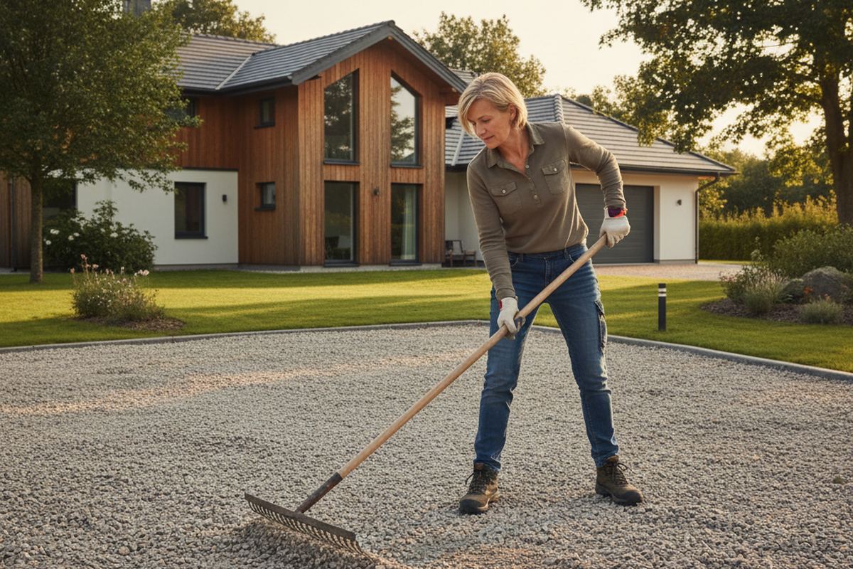 Homeowner leveling gravel driveway