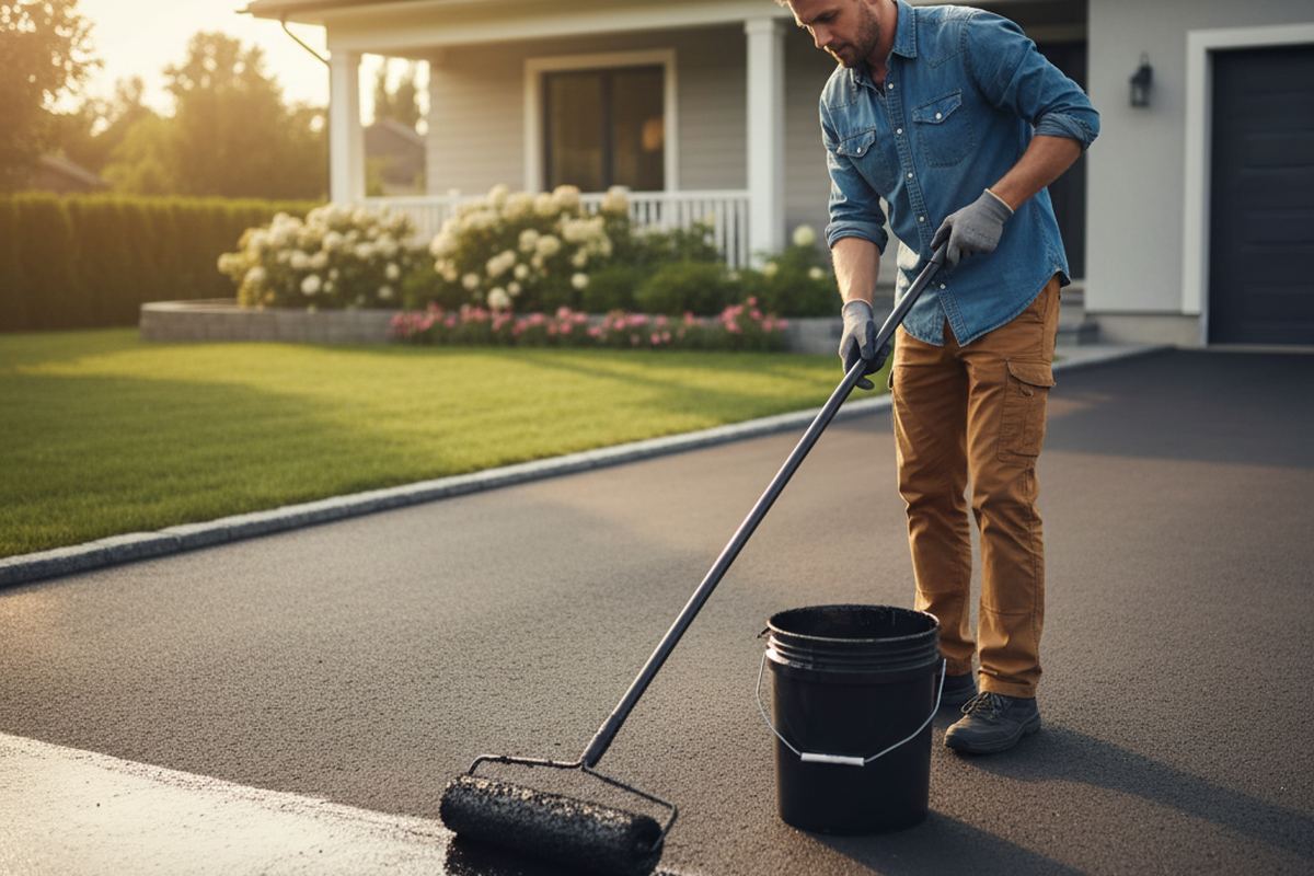 Homeowner sealing an asphalt driveway