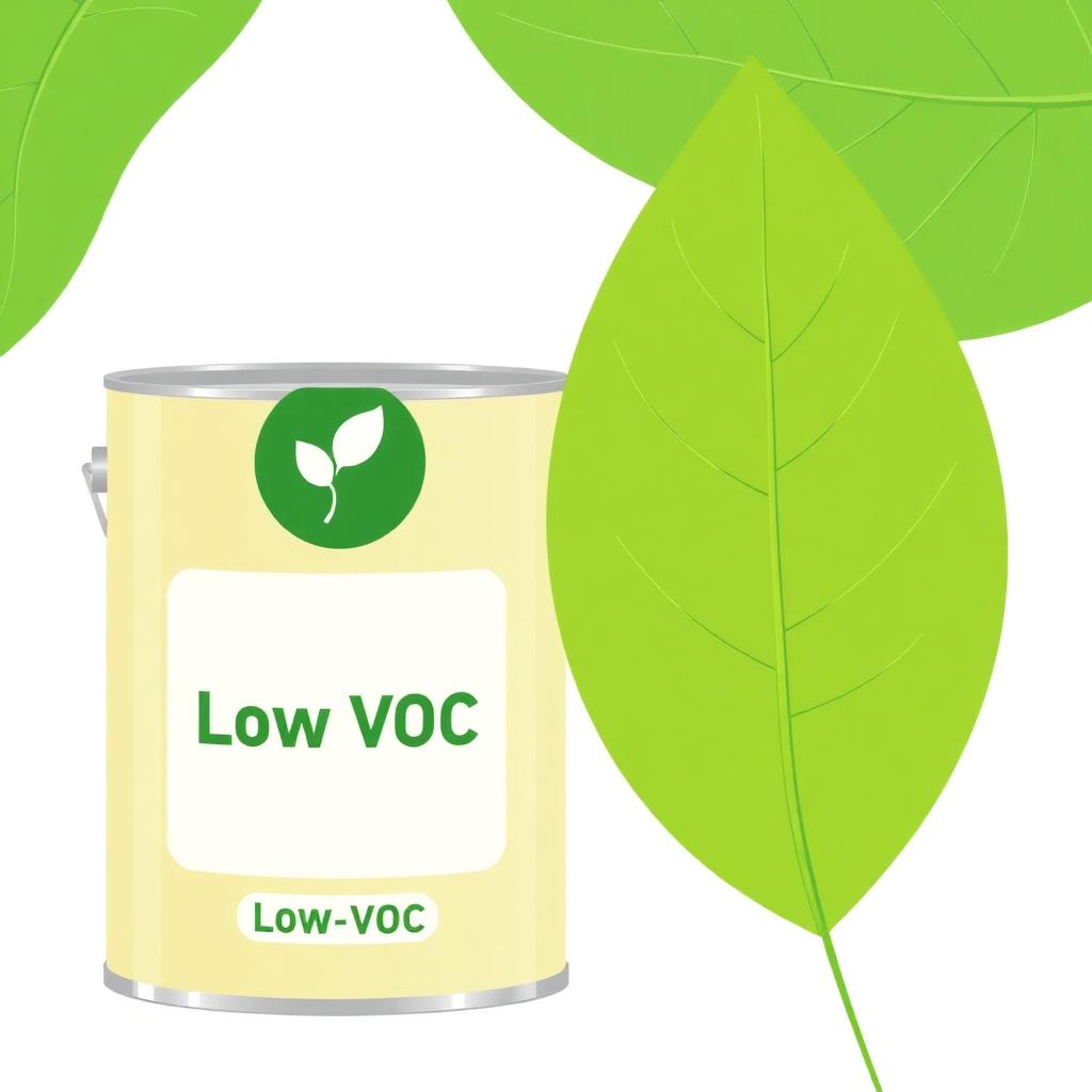 Low-VOC paint can next to a fresh green leaf on a white background