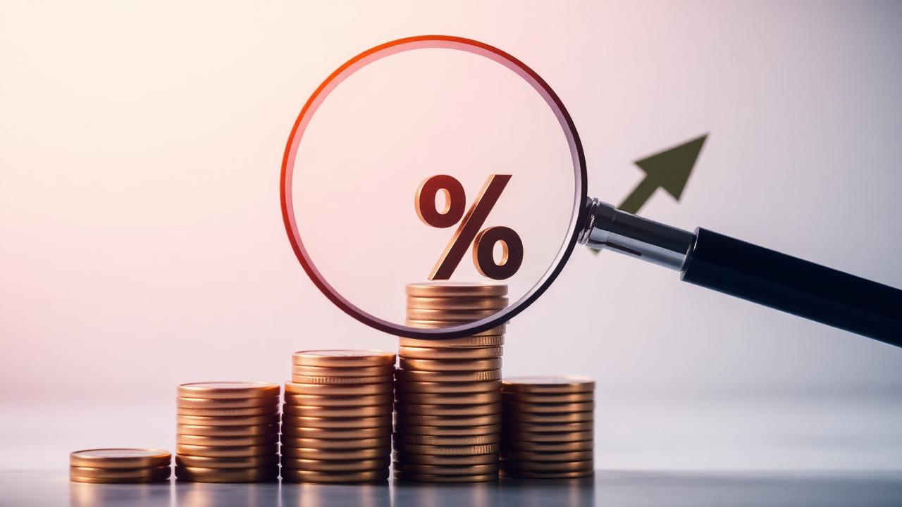 Magnifying glass over a percentage sign atop a rising bar chart of coins