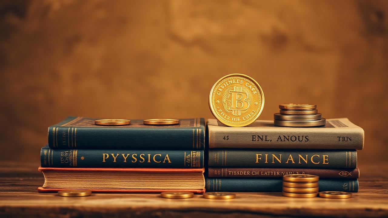 Vintage books on physics and finance with glowing coins on top