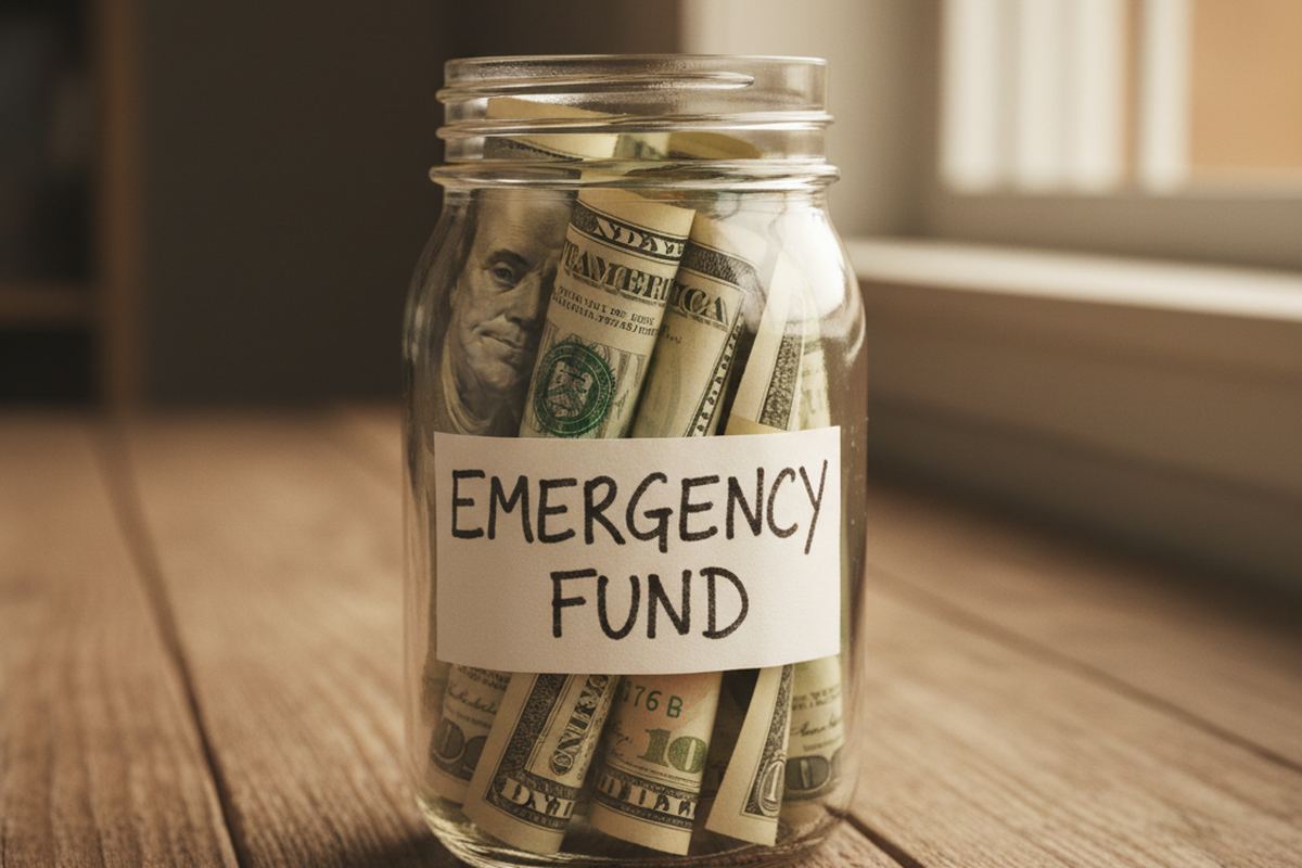 Glass jar labeled 'Emergency Fund' with cash