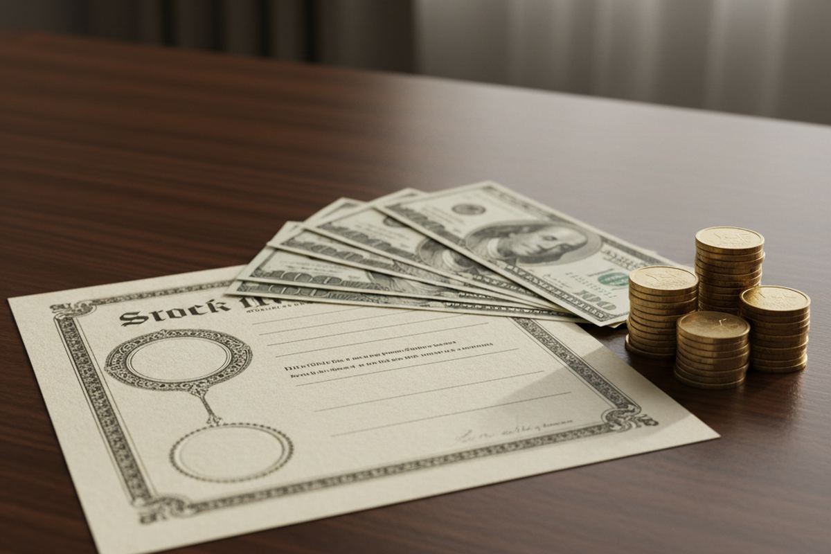 Stock certificate and cash