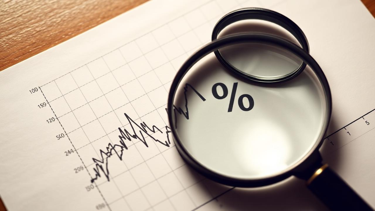 Magnifying glass over a hand-drawn upward stock chart and a percentage symbol