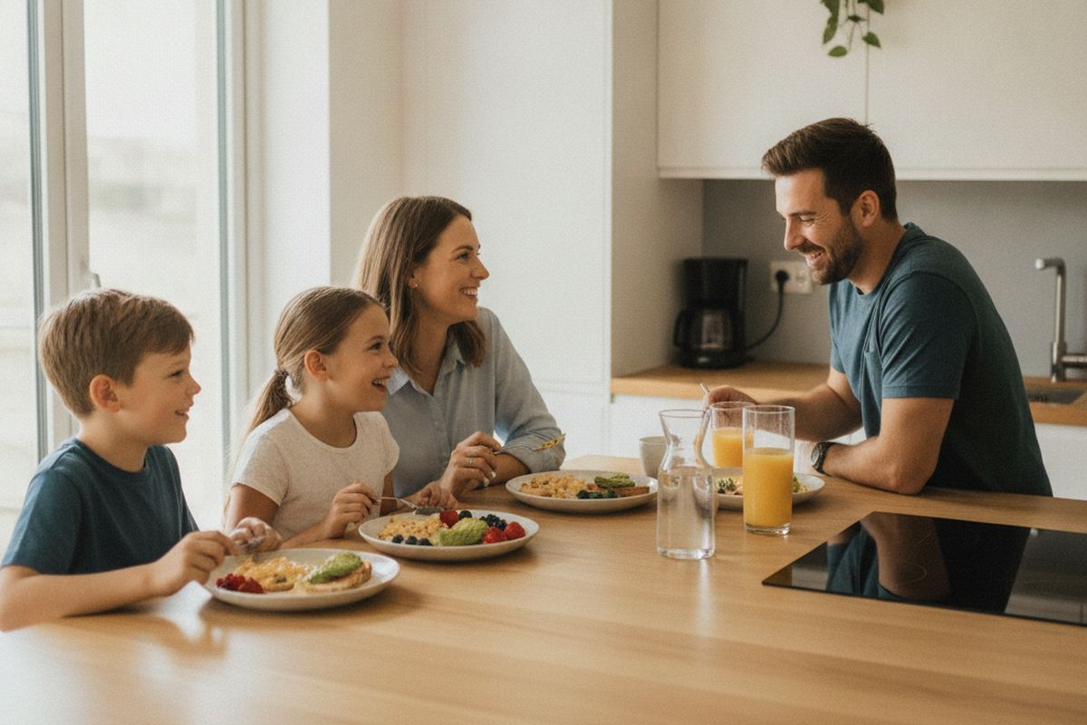 Family eating breakfast on vacation