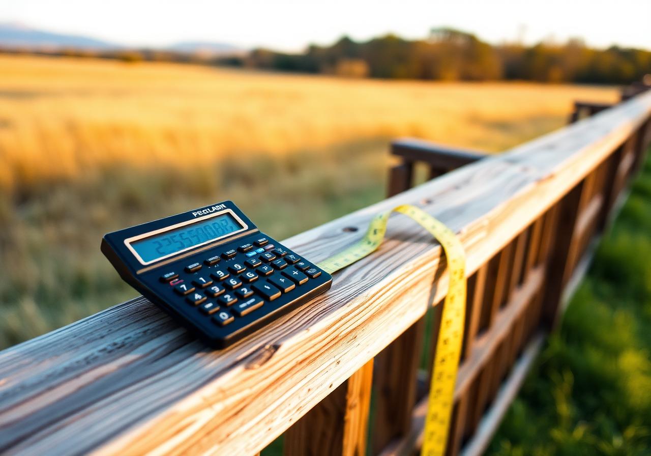 Calculator and tape measure resting on a wooden fence rail