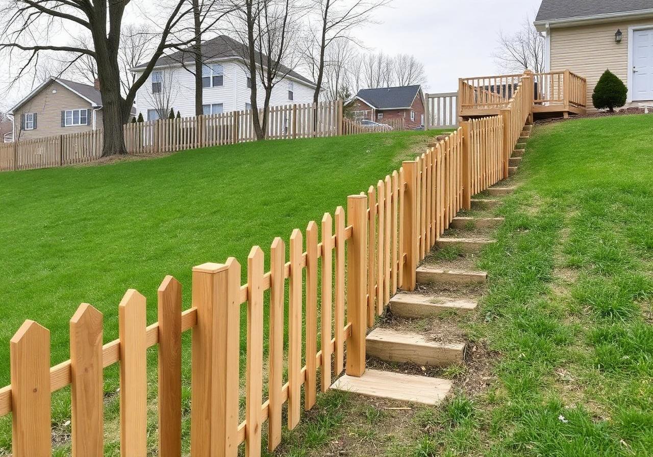 Wood fence stepping down a sloped grassy hillside