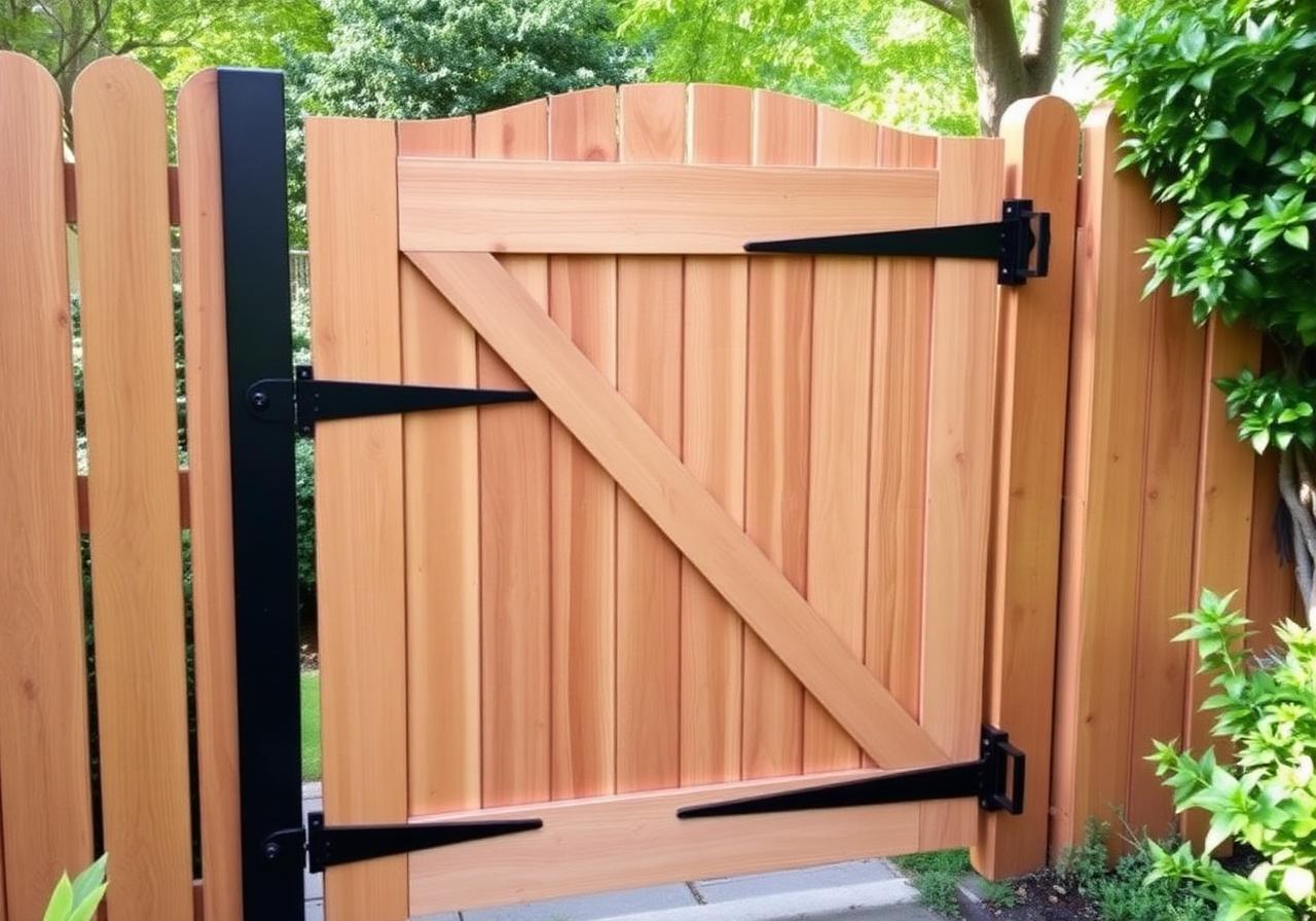 Wooden fence gate with black metal hardware in a garden entry