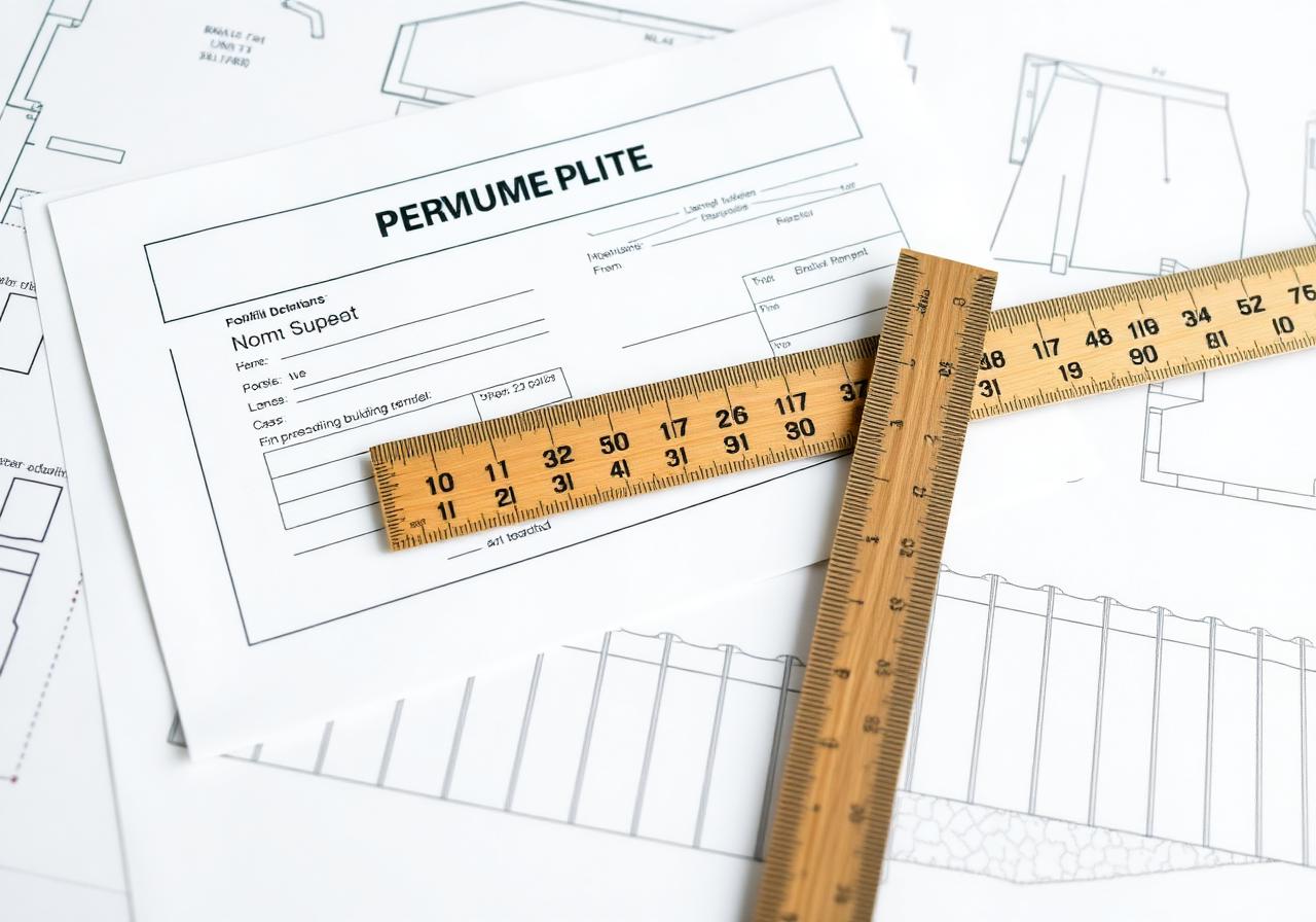 Building permit document and ruler on top of a fence blueprint
