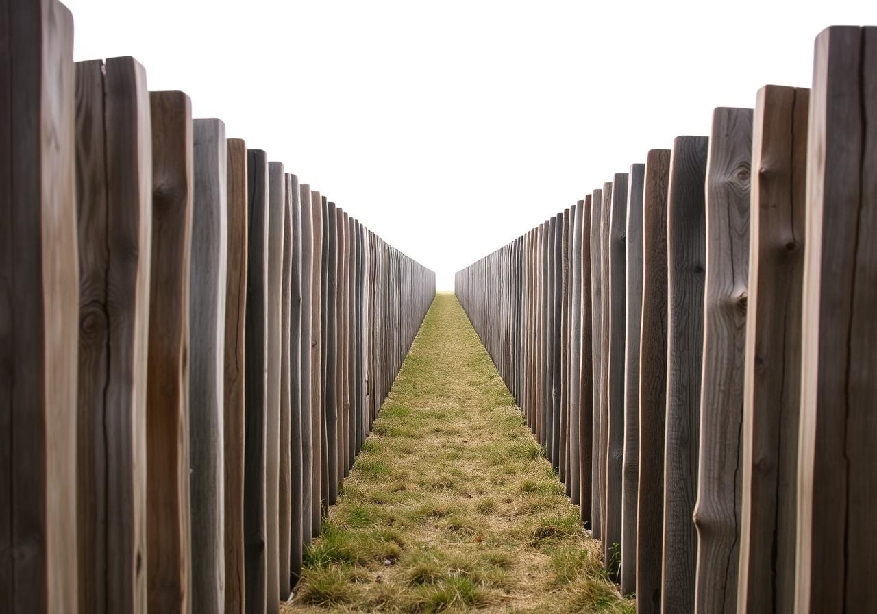 Long wood fence with evenly spaced posts receding into distance