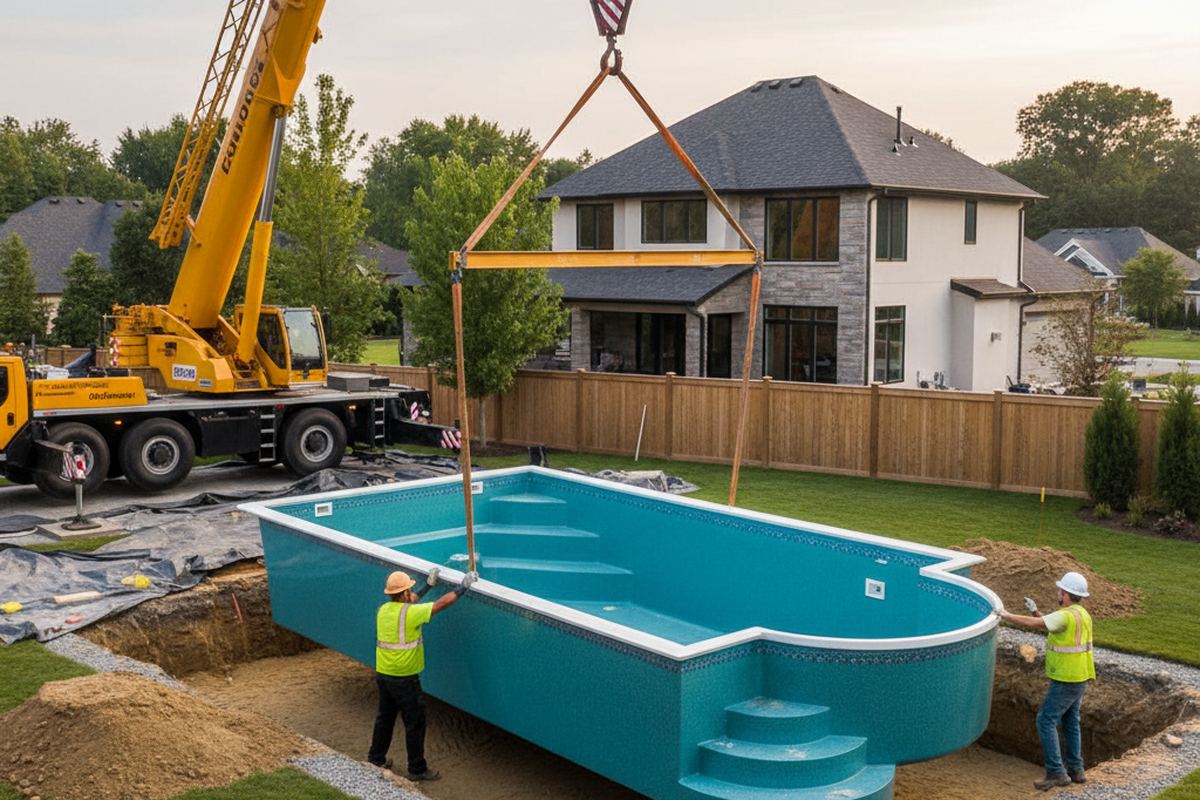 Fiberglass pool shell being installed