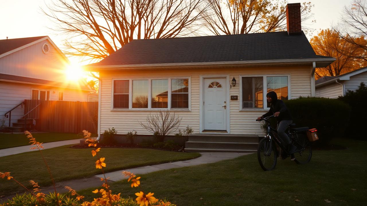 Modest suburban home at golden hour with a small bike in front