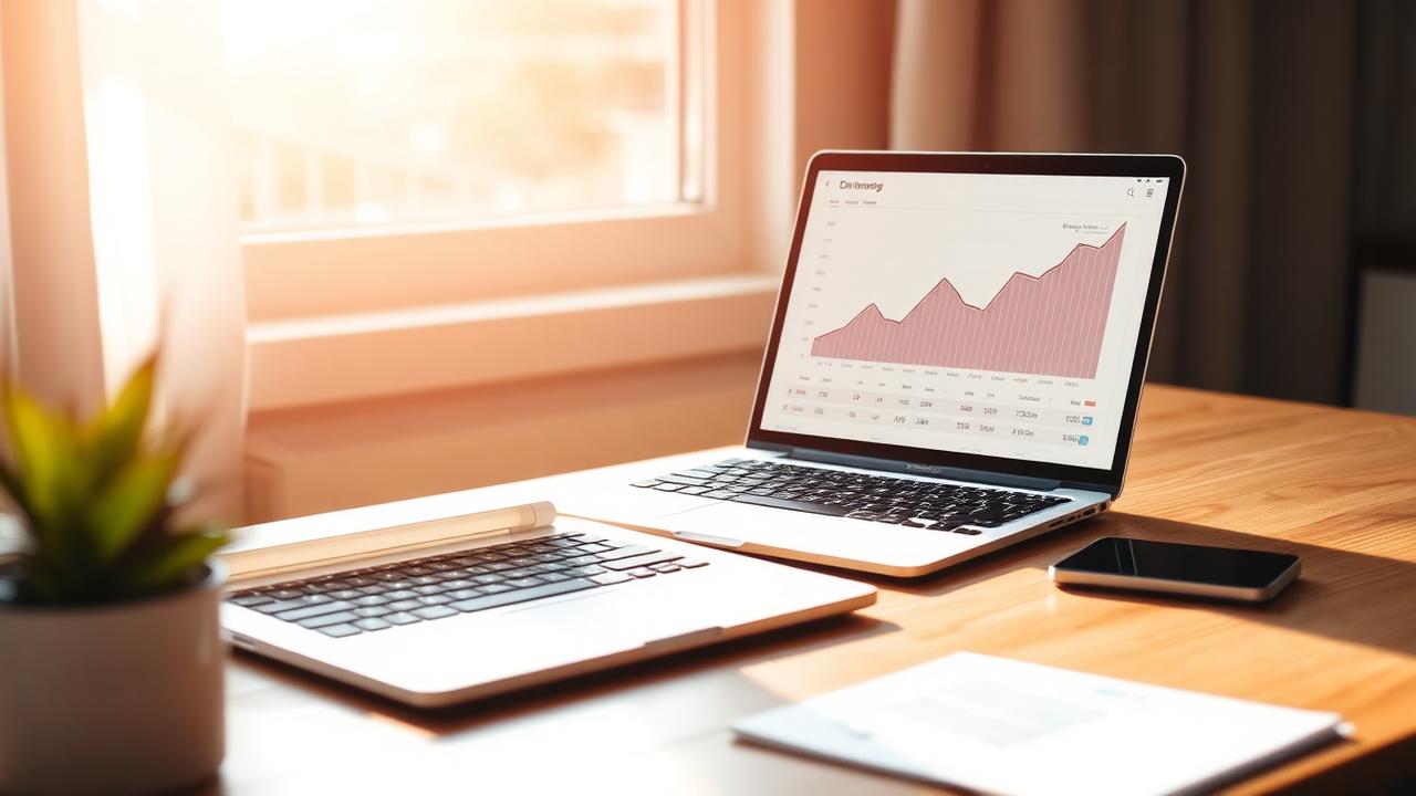 Laptop on a sunlit desk showing a financial dashboard with an upward-trending chart