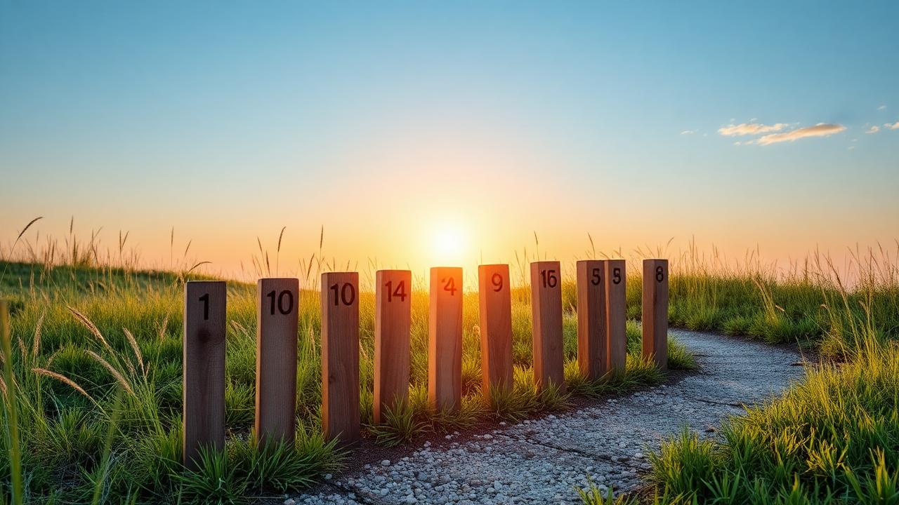 Wooden milestone markers numbered along a sunset path through tall grass