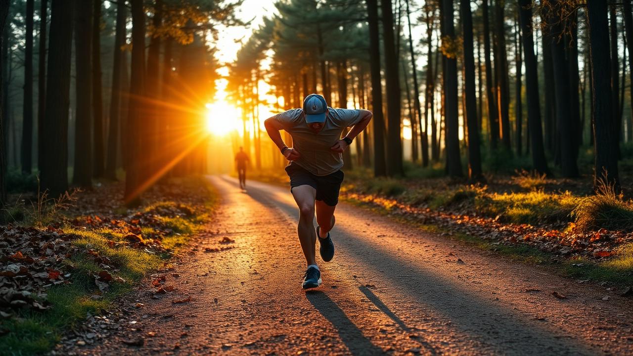 A runner stretching at sunrise on a forest trail