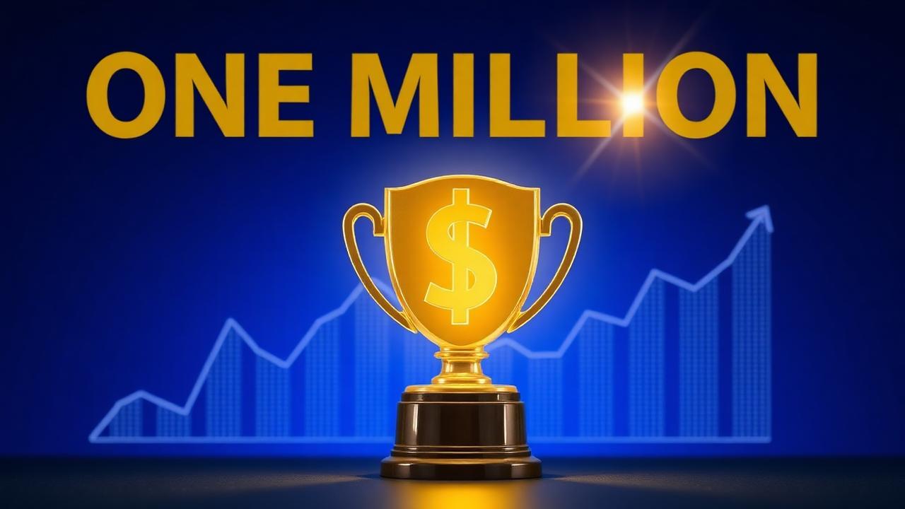 Glowing one million dollar milestone trophy with rising chart