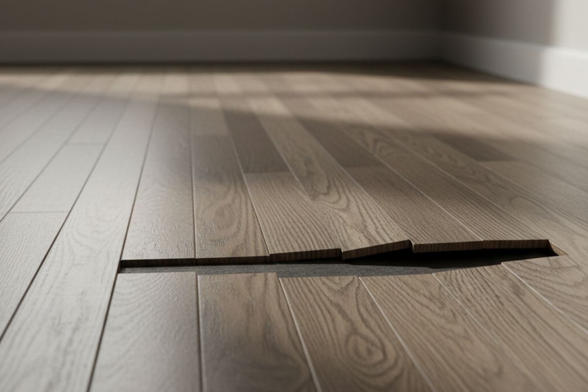 Damaged flooring with buckling