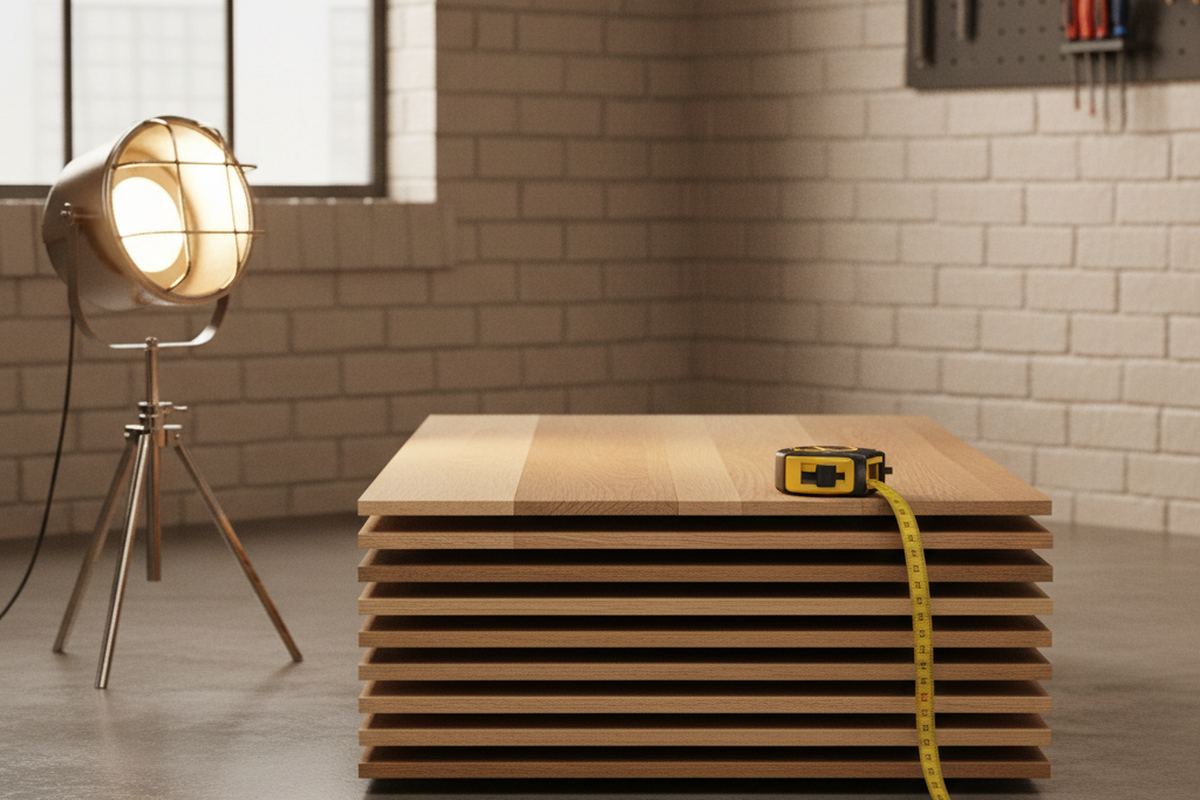 Flooring planks stacked with tape measure