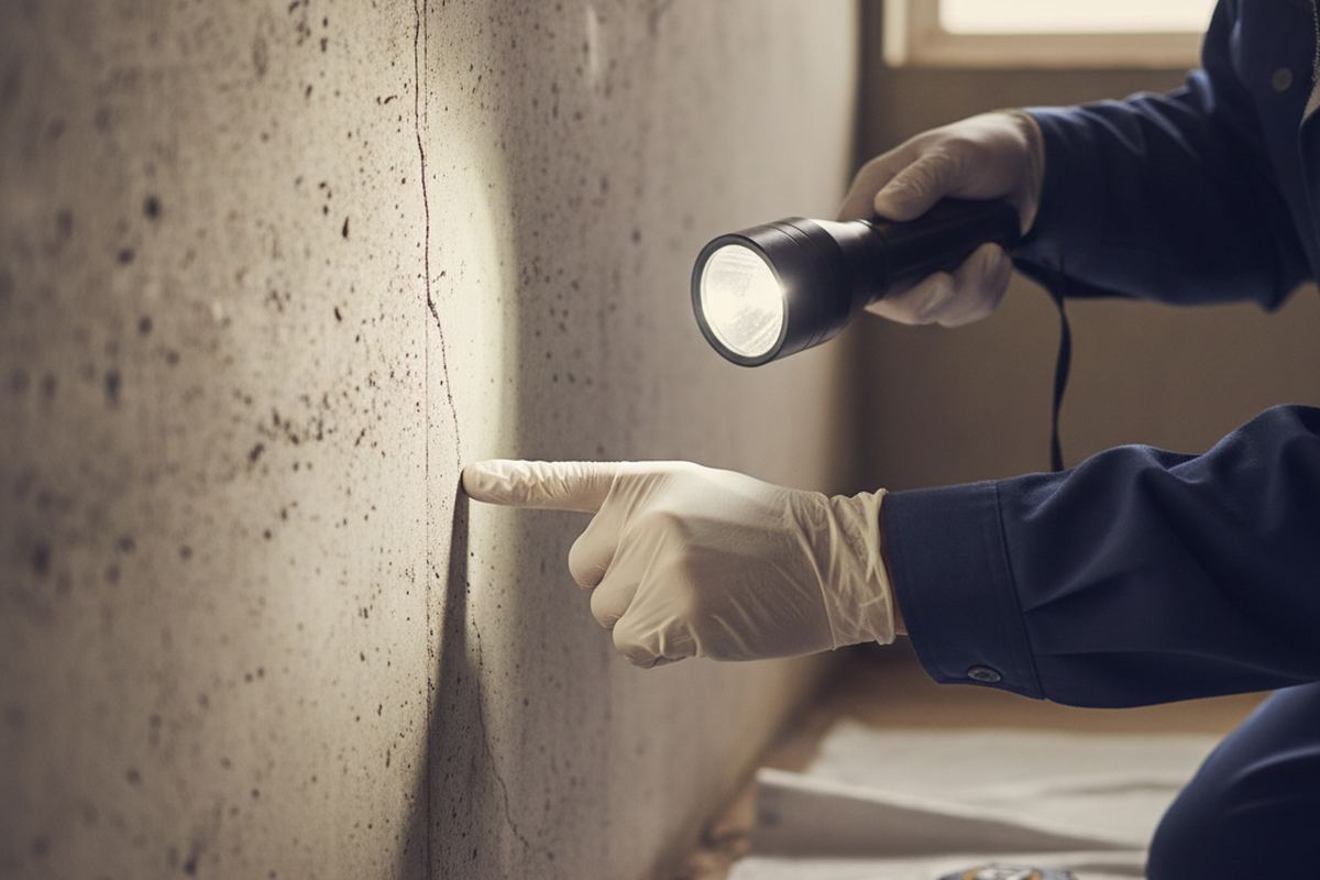 Foundation crack being inspected