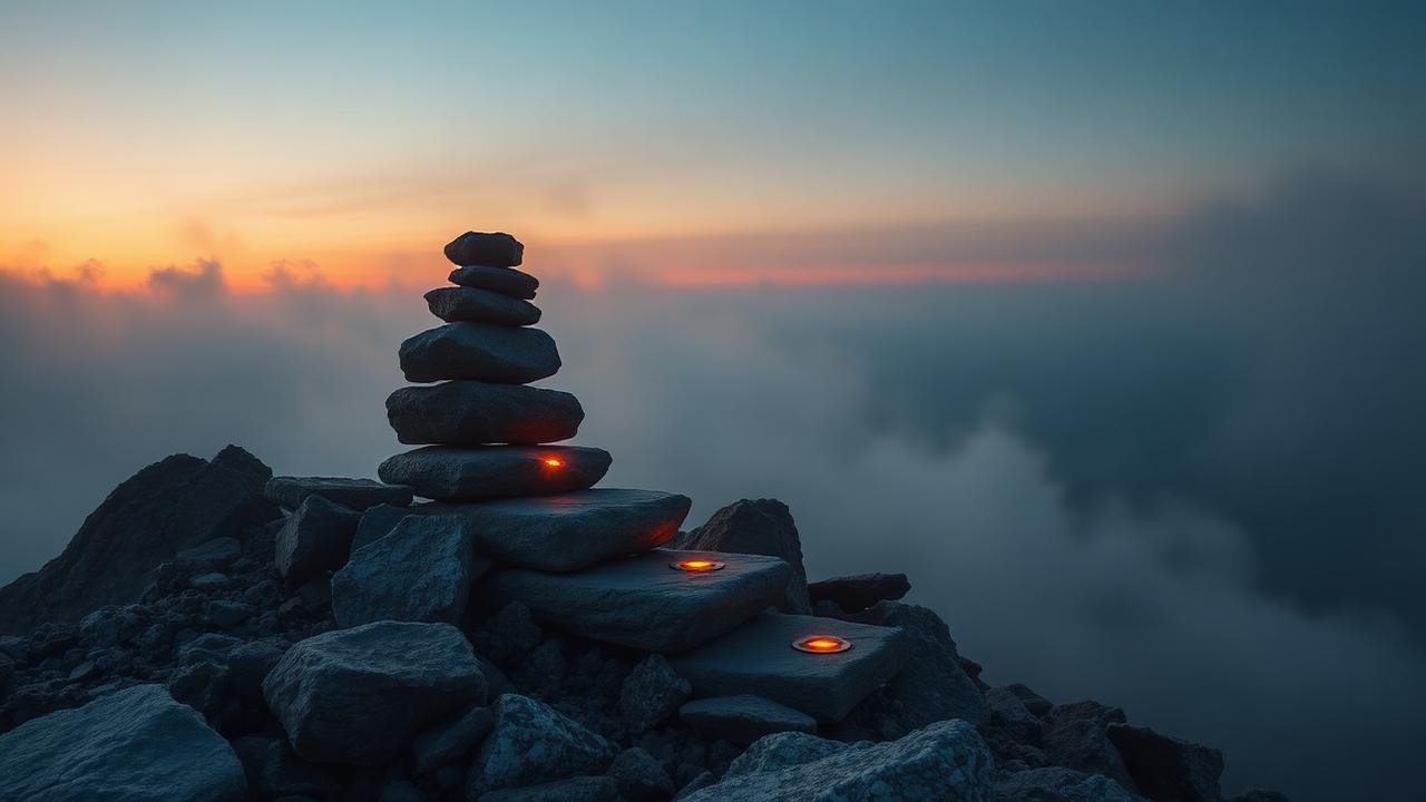 Stacked stone steps rising into a sunrise above clouds, symbolizing levels of progress
