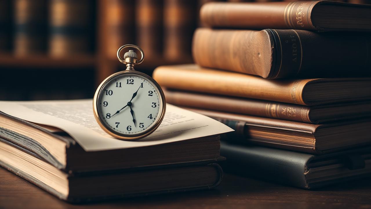 Vintage pocket watch resting on stacked old finance books