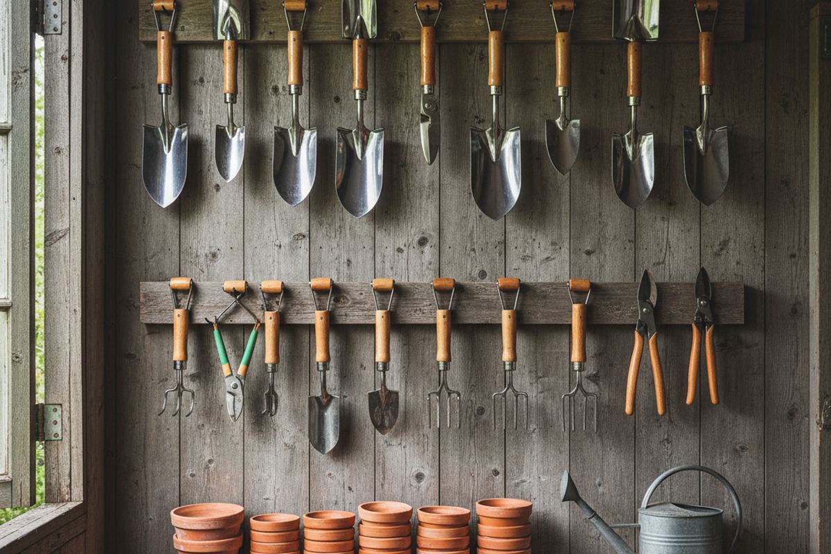 Garden tools on a shed wall