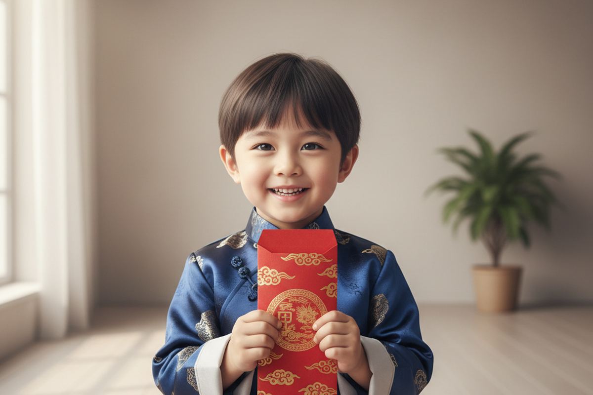 Kid with gift money envelope