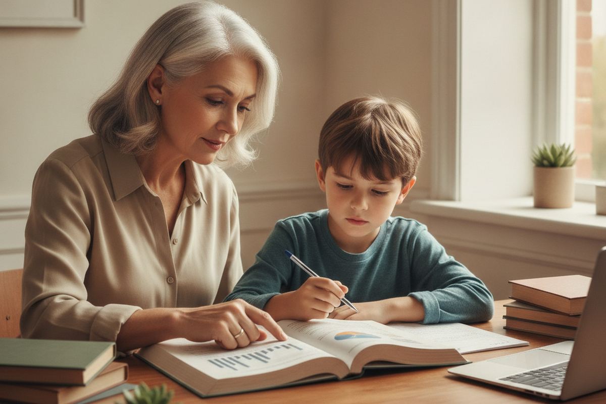 Grandparent and grandchild at a desk