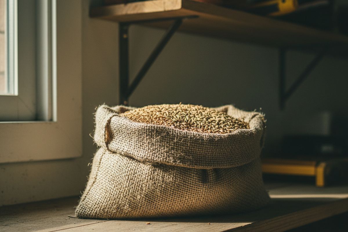 Grass seed bag in a garage