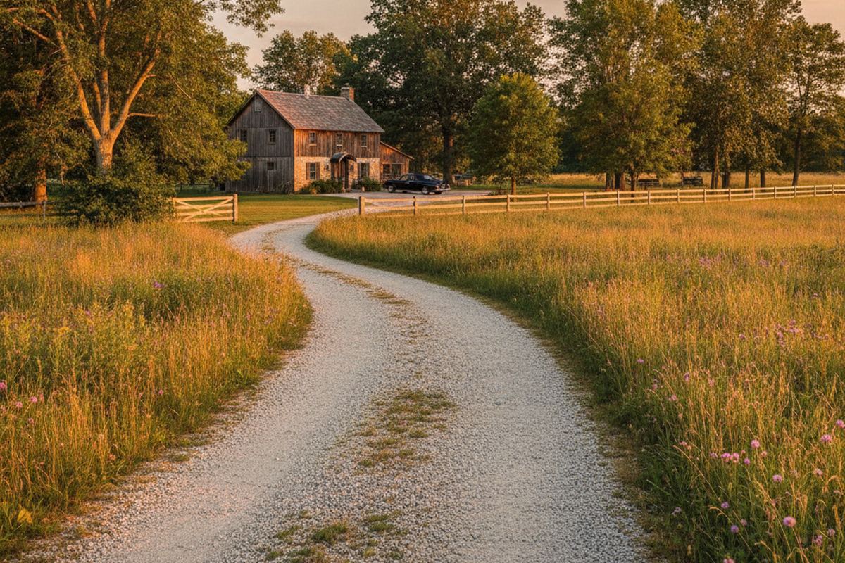 Gravel driveway leading to home