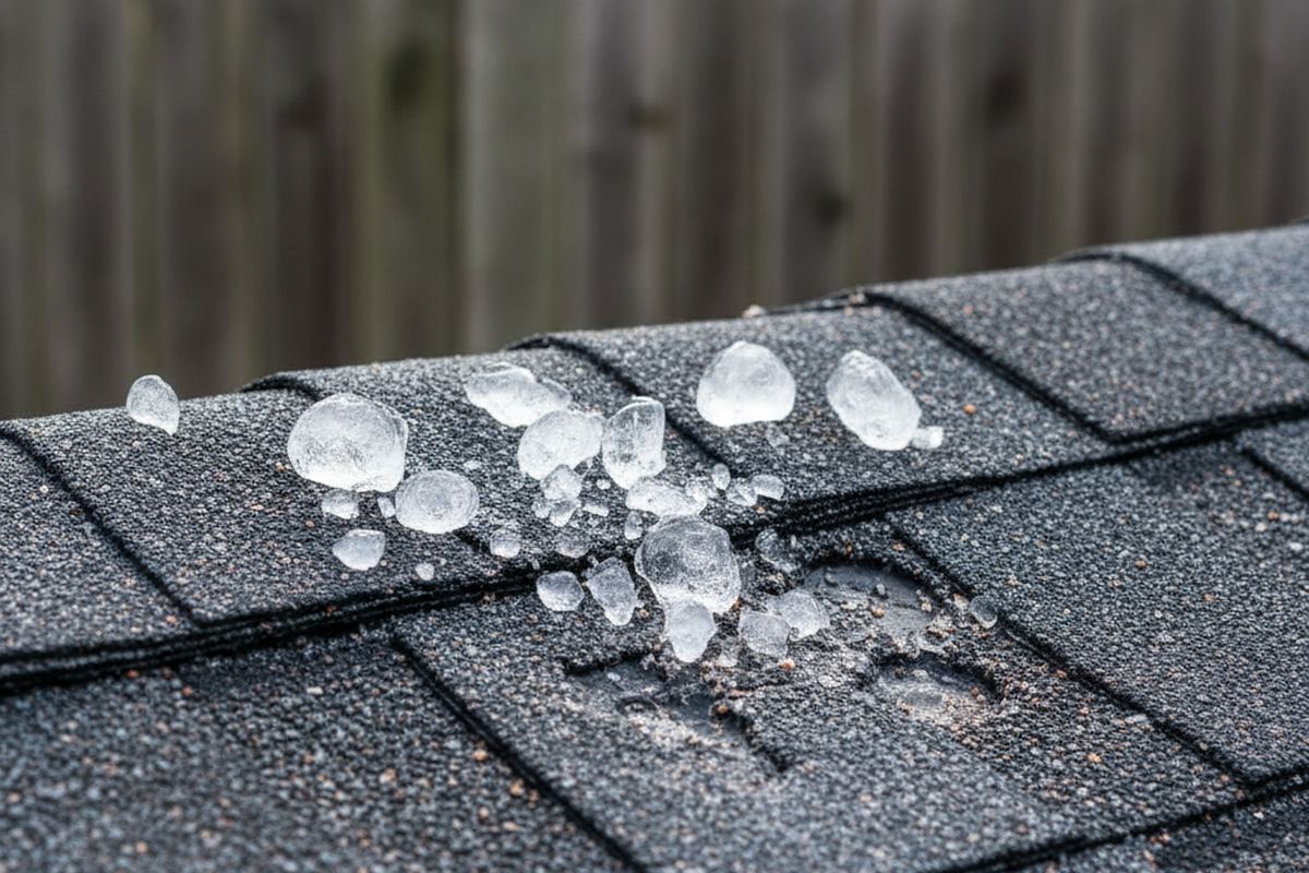 Hail stones next to a damaged shingle