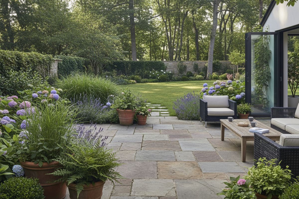 Backyard with patio and plants