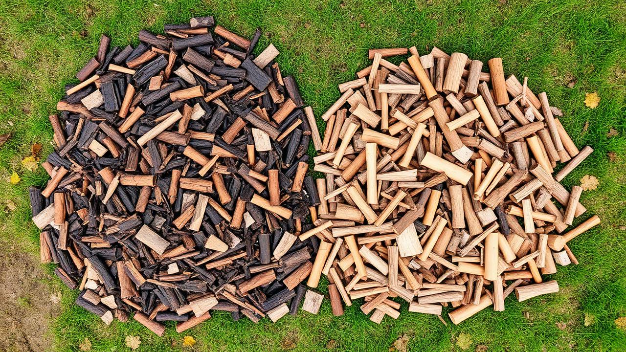 Two piles of mulch side by side on grass, dark hardwood and lighter softwood