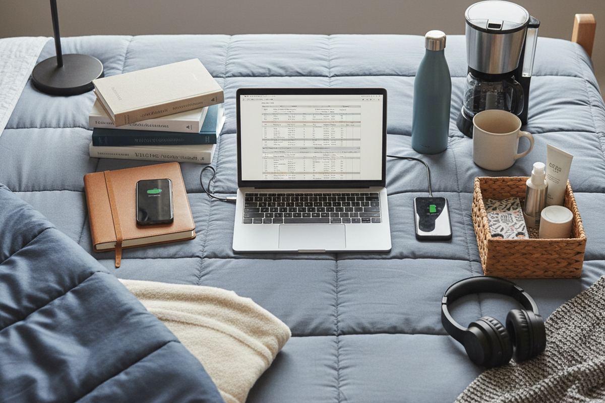 College dorm essentials on a bed