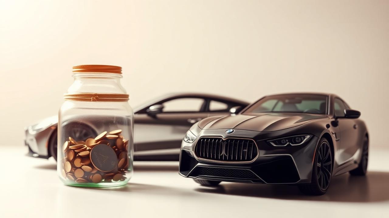 Luxury car next to a modest savings jar