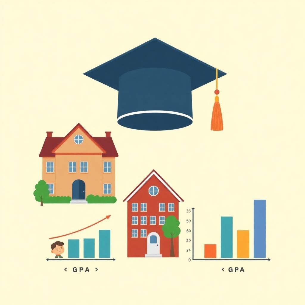 High school and college buildings with two GPA charts