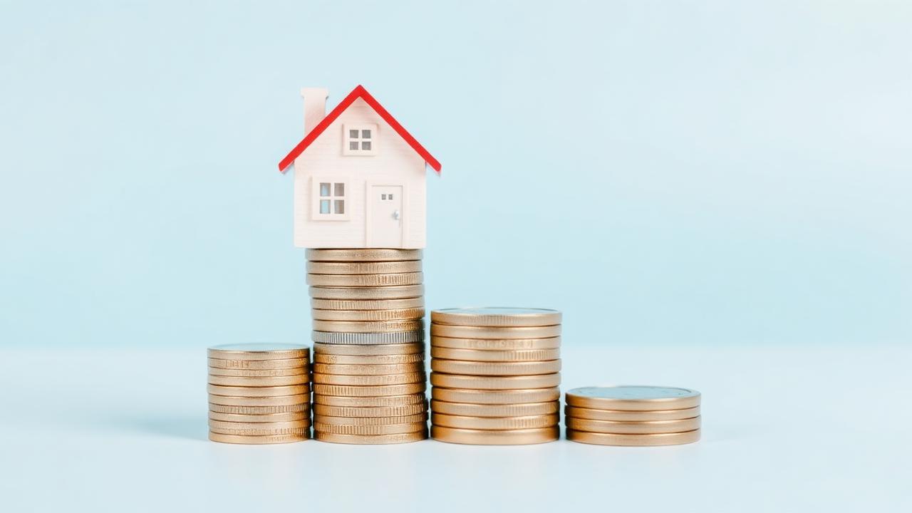 Small house model on top of growing stack of coins