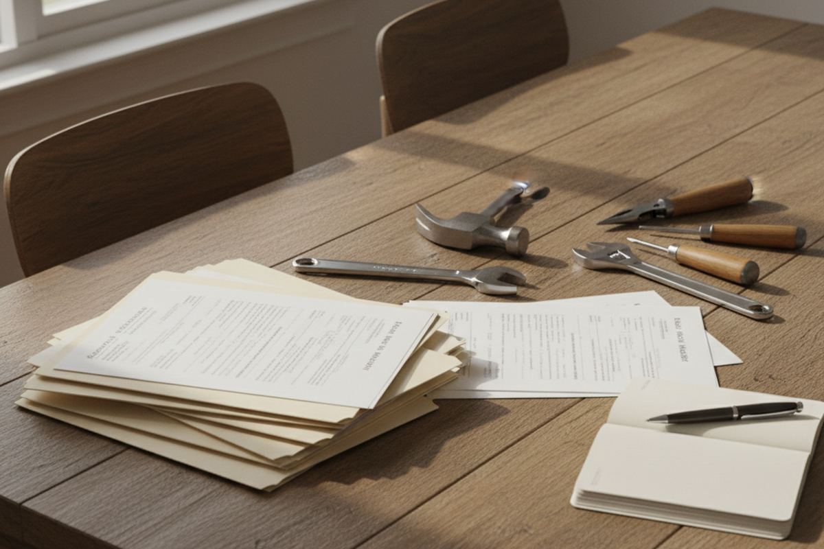 Home warranty paperwork on a table