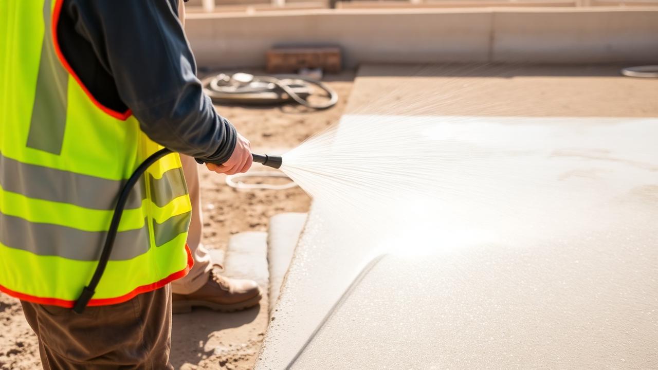 Worker spraying water onto a freshly poured concrete slab in hot sun