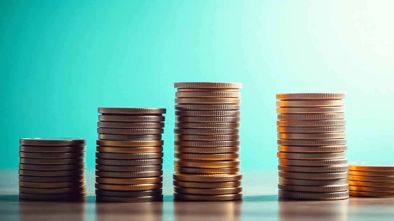 Coin towers ascending like a staircase on a teal gradient background